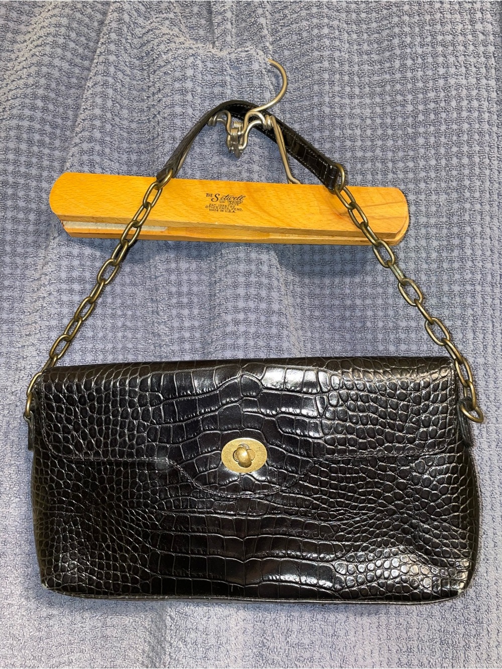 Talbots Black Croc-Embossed Leather Clutch with Chain Strap